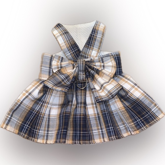 Plaid Dog Harness Dress Ruffle Preppy Plaid Feminine Puppy 🐶 - Picture 1 of 7